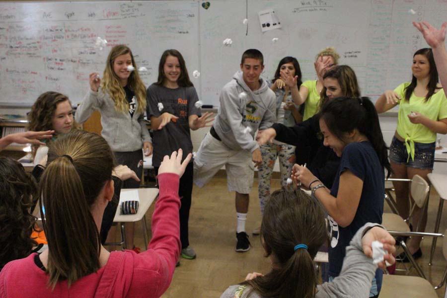 During a yearbook bonding exercise, the third hour crew threw paper balls with compliments on them at each other. This exercise took place after the first late night of the year.