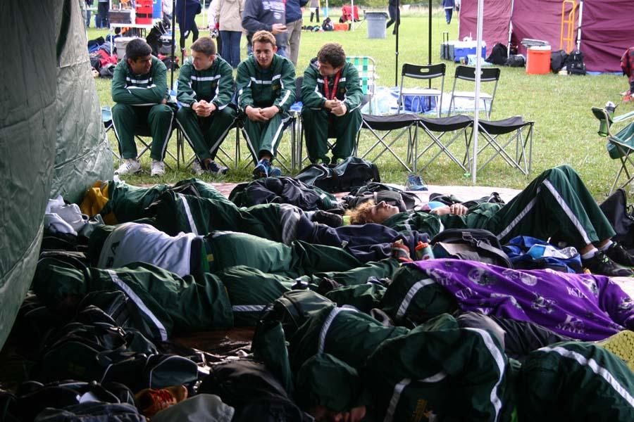 Before the boys cross country meet, they take a nap while other cross country members race. With the weather cooling down, it made it difficult to stay warm.