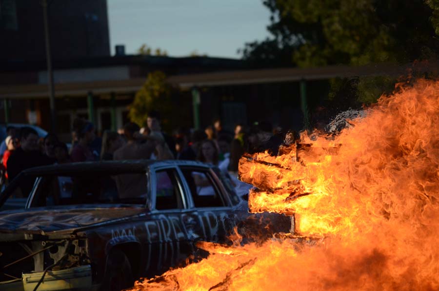 In a blaze. South holds its anual bonfire and car smash during homecoming week. Almost a third of the school showed up this year.