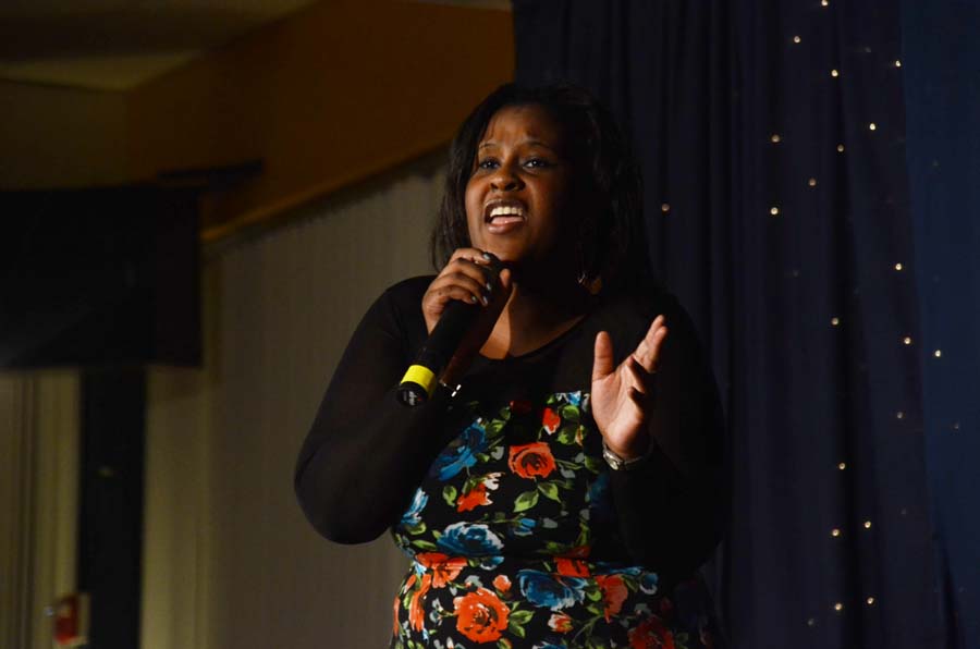 While up on the stage, senior Tionne Allen performs Chandelier by Sia Song. Cabaret is a great event for students to showcase their favorite songs iun front of an audience.