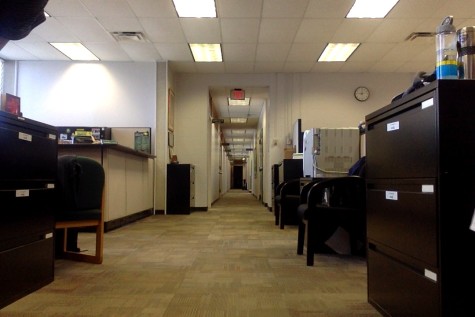 The narrow hallway in the front office