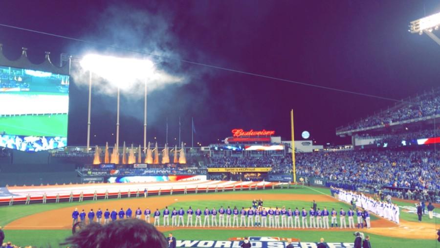 National anthem being sung by Sara Evans during game 2 of the World Series against the Mets at Kauffman Stadium.