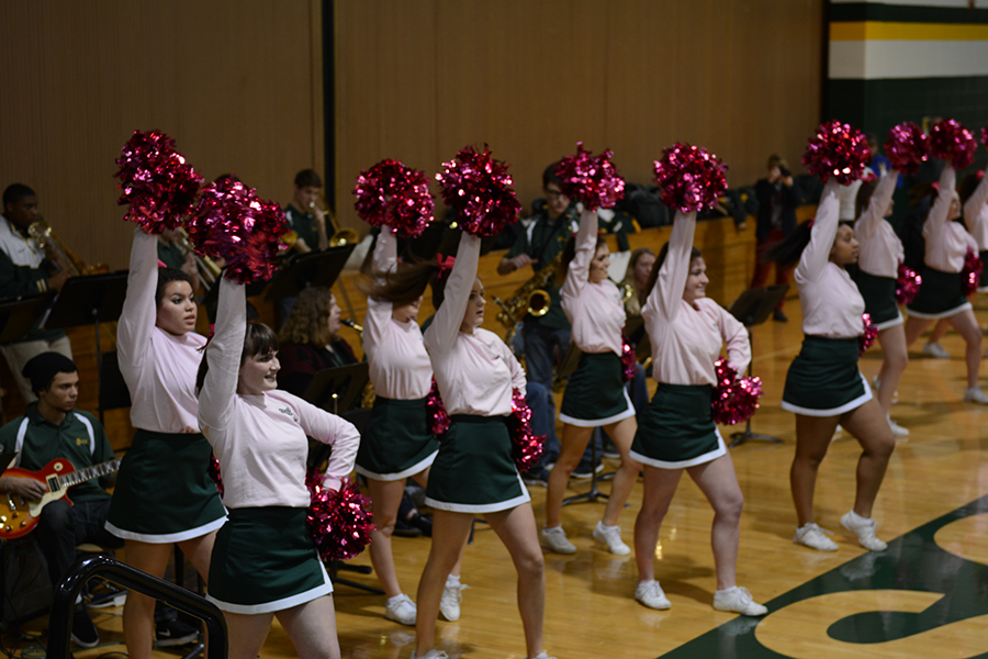 Varsity cheerleaders showing their support for the Pink Out game by wearing pink bows, pink pom-poms and pink shirts.