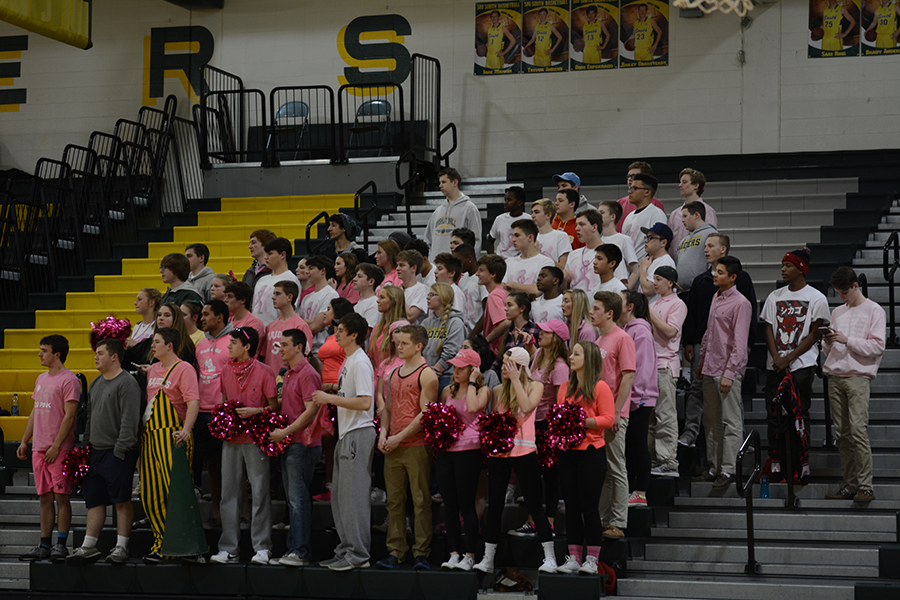 At the boys varsity game  Feb. 9, the crowd wears pink to support breast cancer awareness.