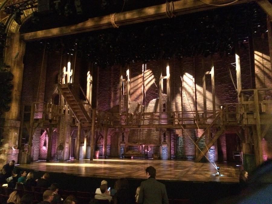 The stage for Hamilton at the Richard Rodgers Theater. 