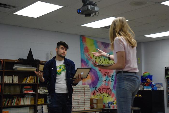 Louder than a Bomb members Anton Caruso and Tara Phillips practice a duet poem during an after school practice. 