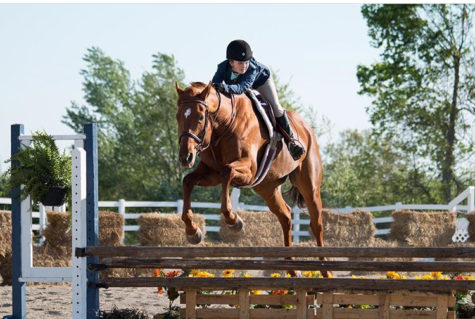 As she jumps the fence freshman Sydney Holzman holds on tight to the horse, Swag. 