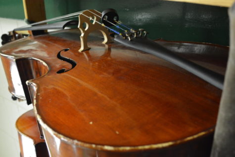 A students cello is being stored in the instrument room in the Orchestra class. During most other hours this instrument would have been out and playing beautiful music.