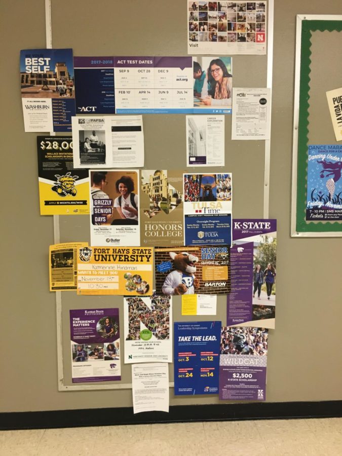 If you need any extra information on colleges, then take a trip down the counseling halls. There is a board with many different colleges and college information on it. It gives students scholarships possibilities, ACT and college visit times. Next time youre walking down the counseling hall take a look at the board. 
