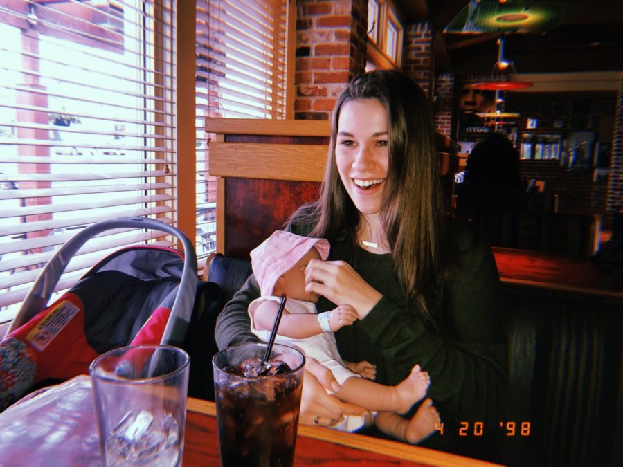 Eating out at Red Robin people stare as I feed the baby. Child Development class had to take the robotic babies for 48 hours.