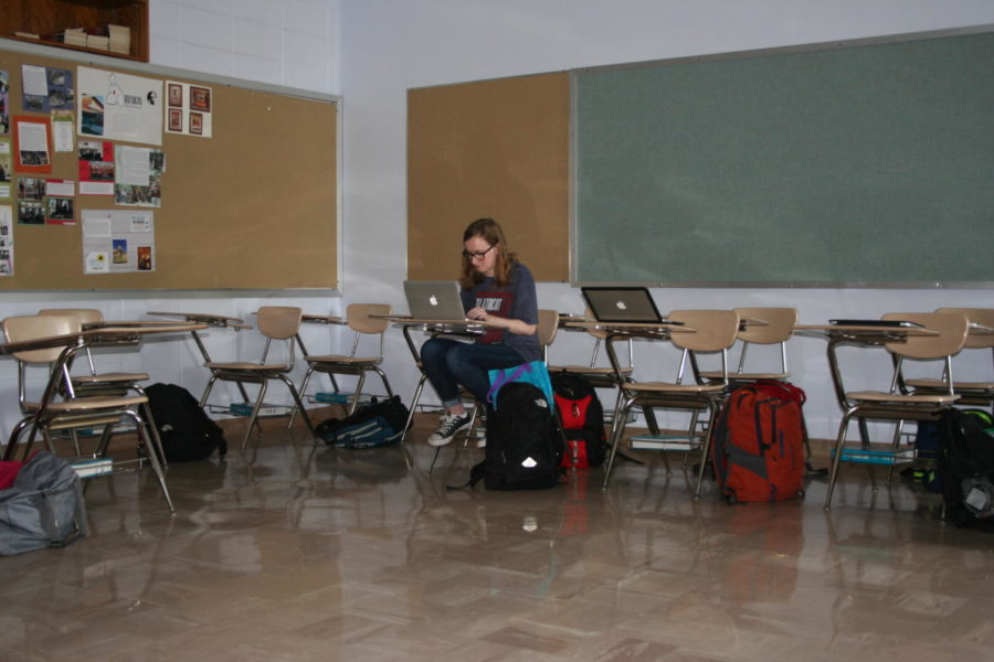 In the middle of the walkout, sophomore Emma Horton sits alone with her substitute teacher in her third hour classroom.