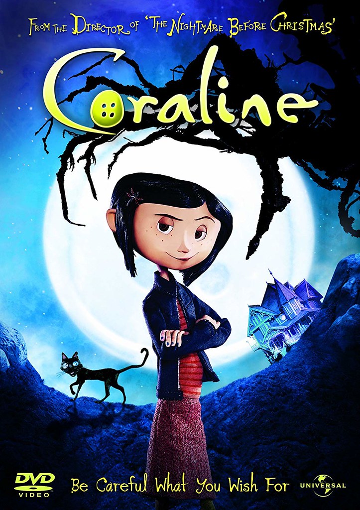 The DVD cover of "Coraline" featuring the main character, Coraline.