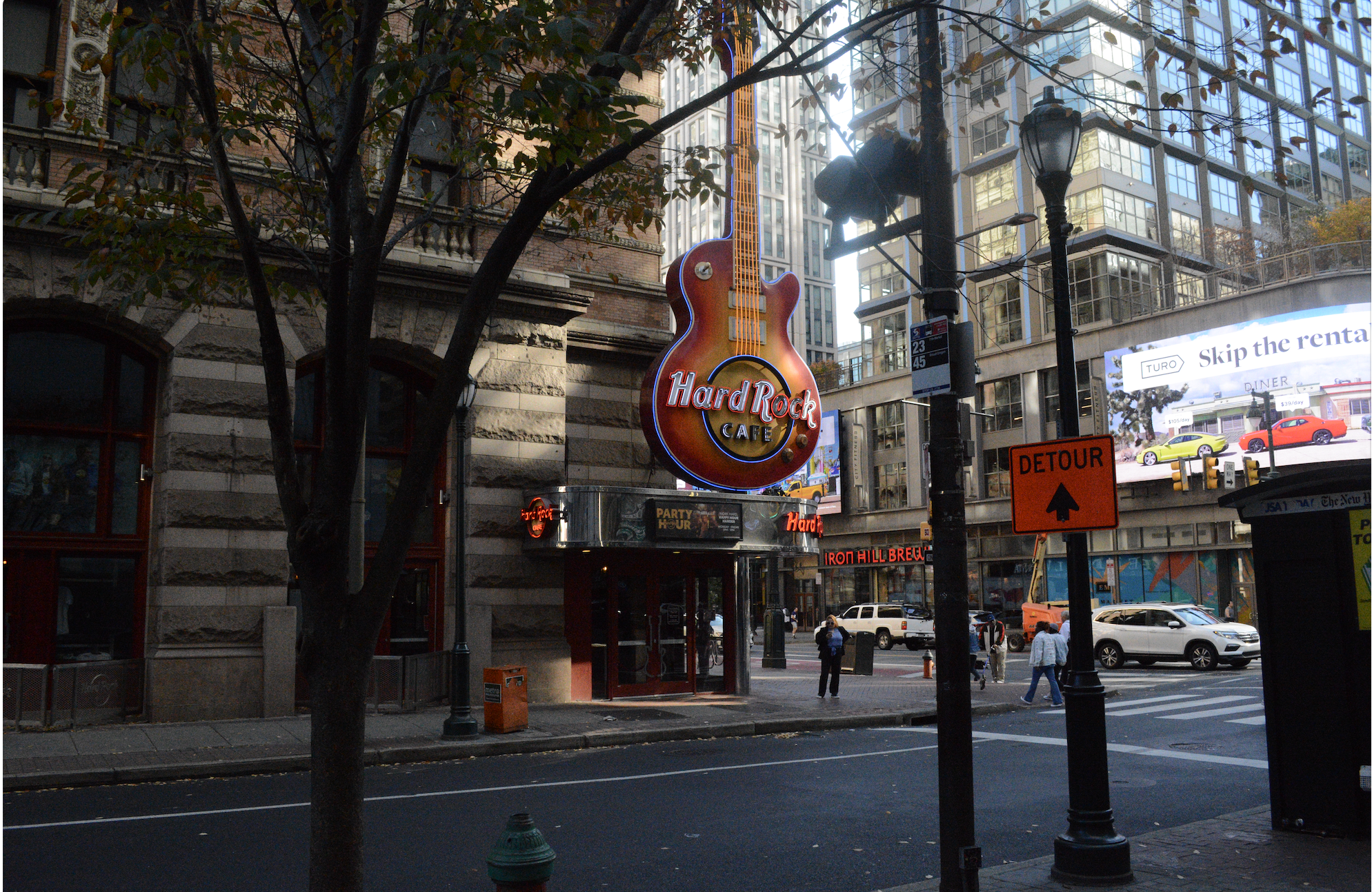 The hard rock cafe on 1113–1131 Market St Philadelphia, by the hotel the students stayed in. The outside of the building was unique off the street to capture.