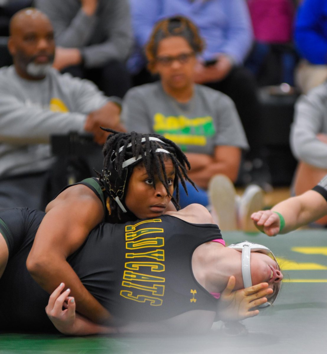 At the Joel Rios invintaional meet on Jan. 11, senior Sevyn Donavan is winning her final match of the night by pin. 