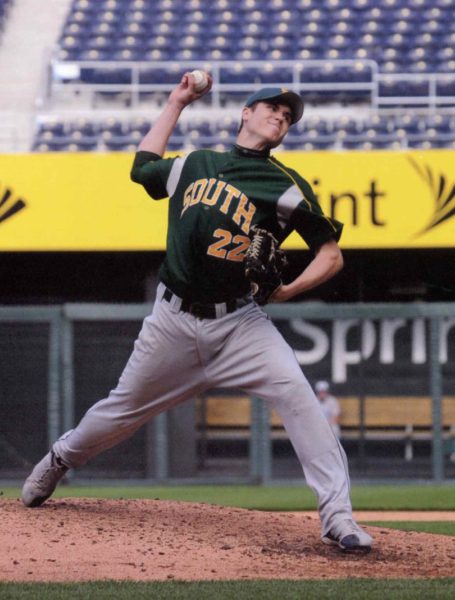 Morin pitches against SM East at Kaufmann Stadium.