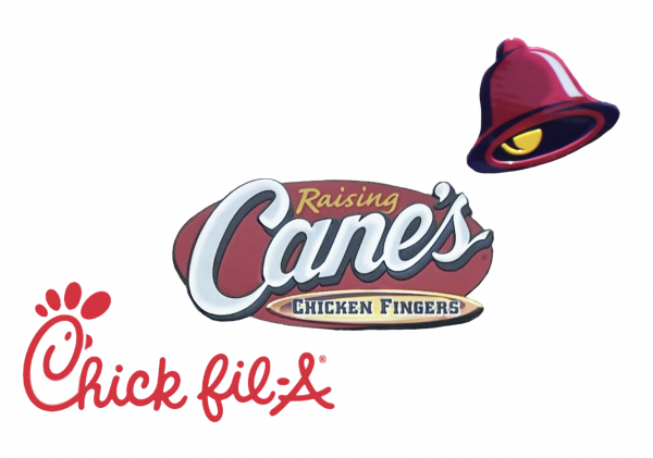 Logos of Chick Fil A, Canes and Taco Bell. Graphic by Alice Keeling.
